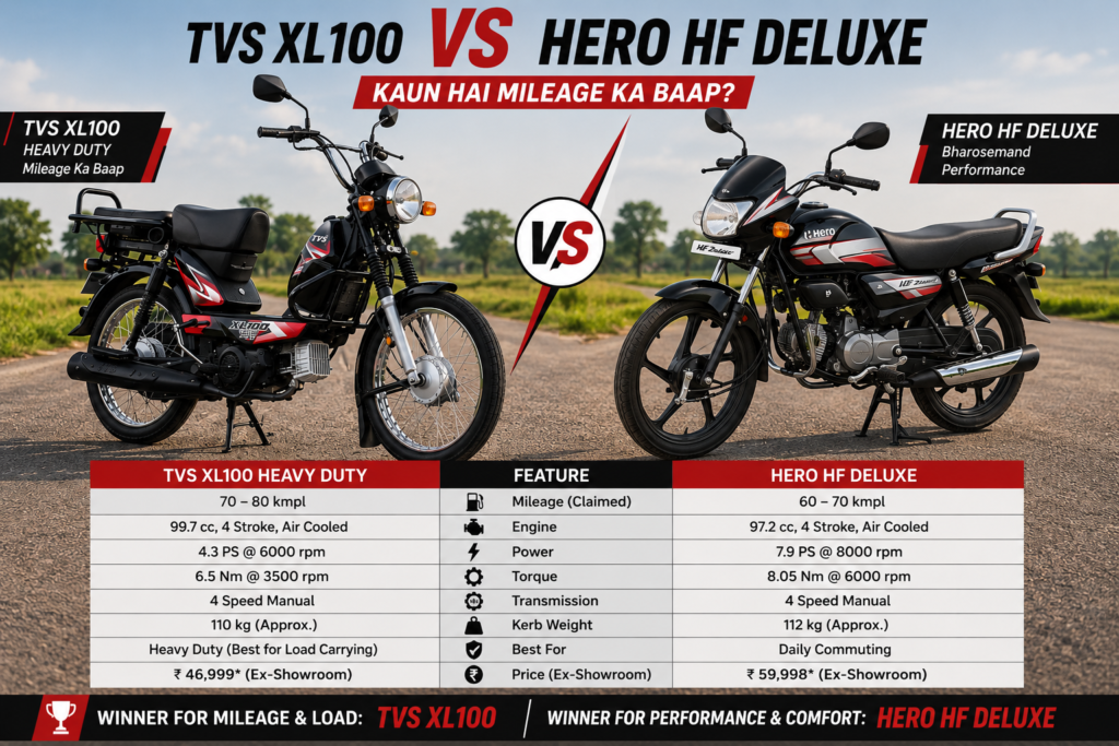 TVS XL100 vs Hero HF Deluxe Comparison