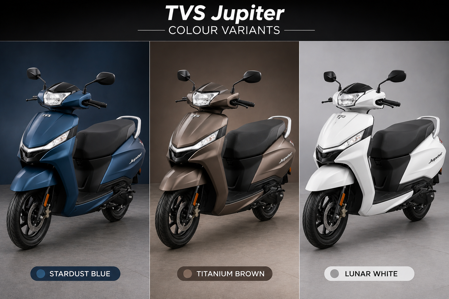 TVS Jupiter colour variants collection showing multiple shades