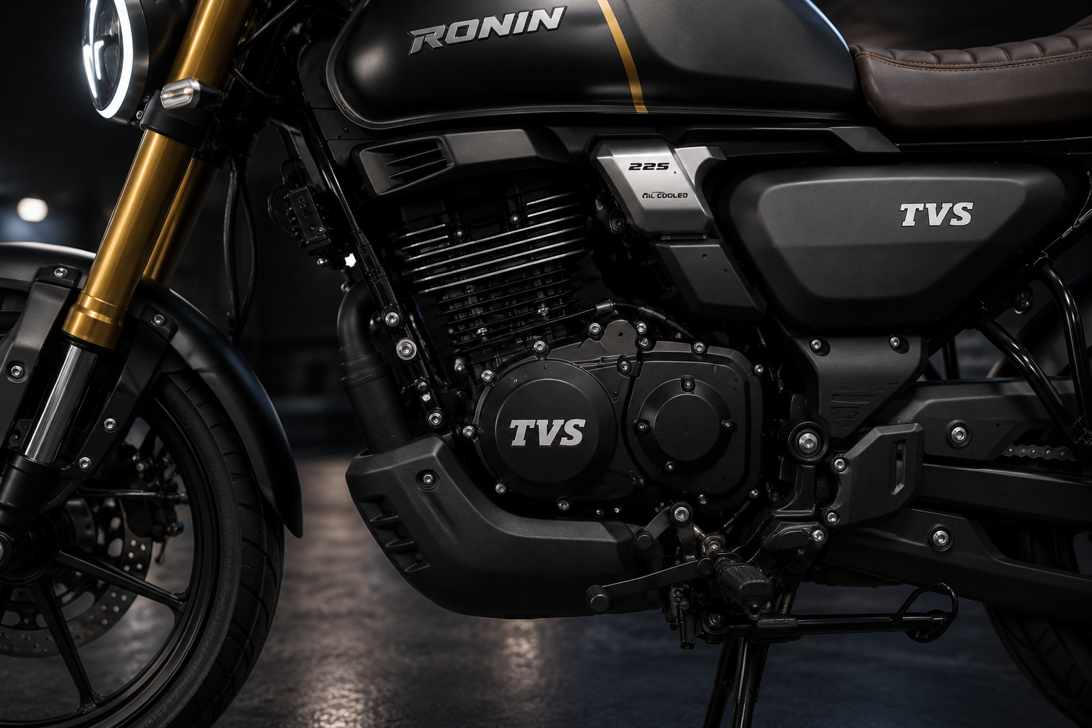 TVS Ronin LED headlamp front suspension and brake close-up