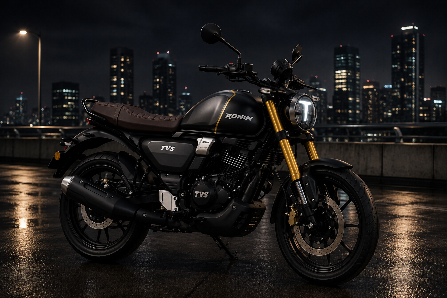 TVS Ronin parked in a modern city setting at night