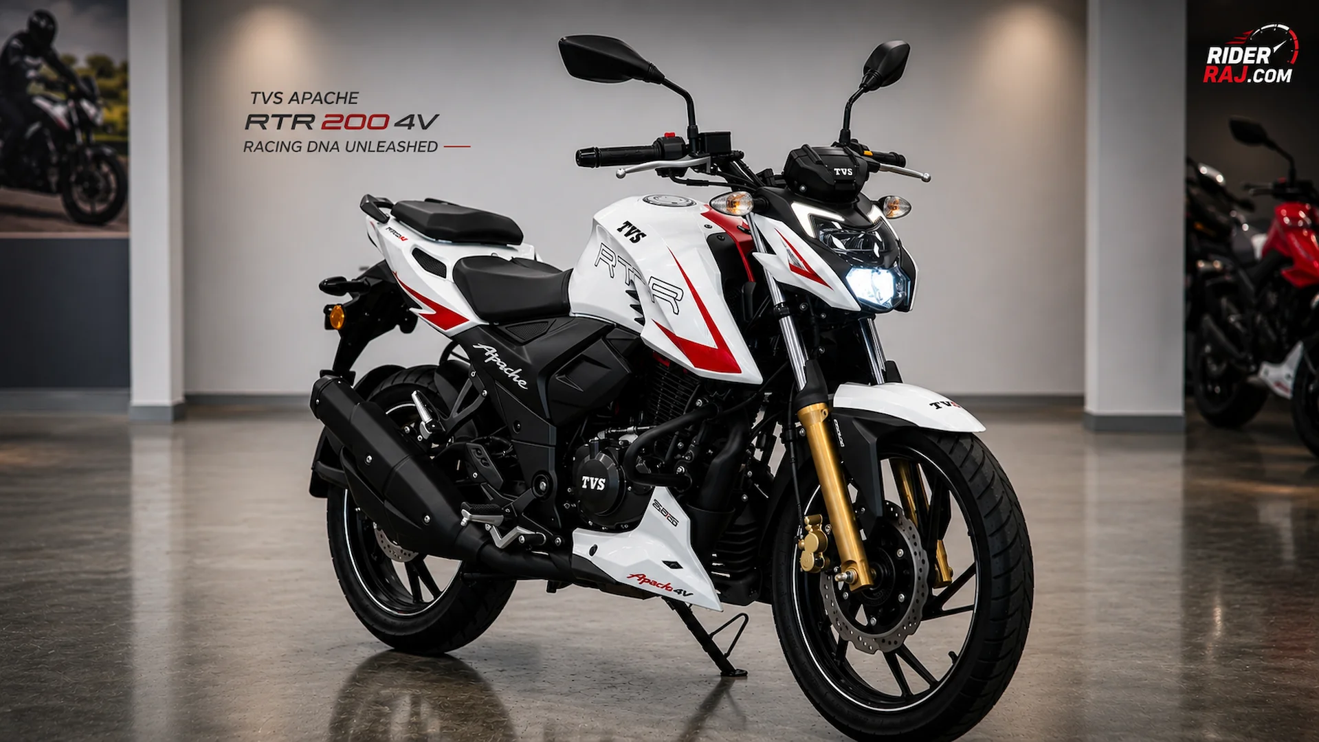 White TVS Apache RTR 200 4V Review 2026 front three quarter view