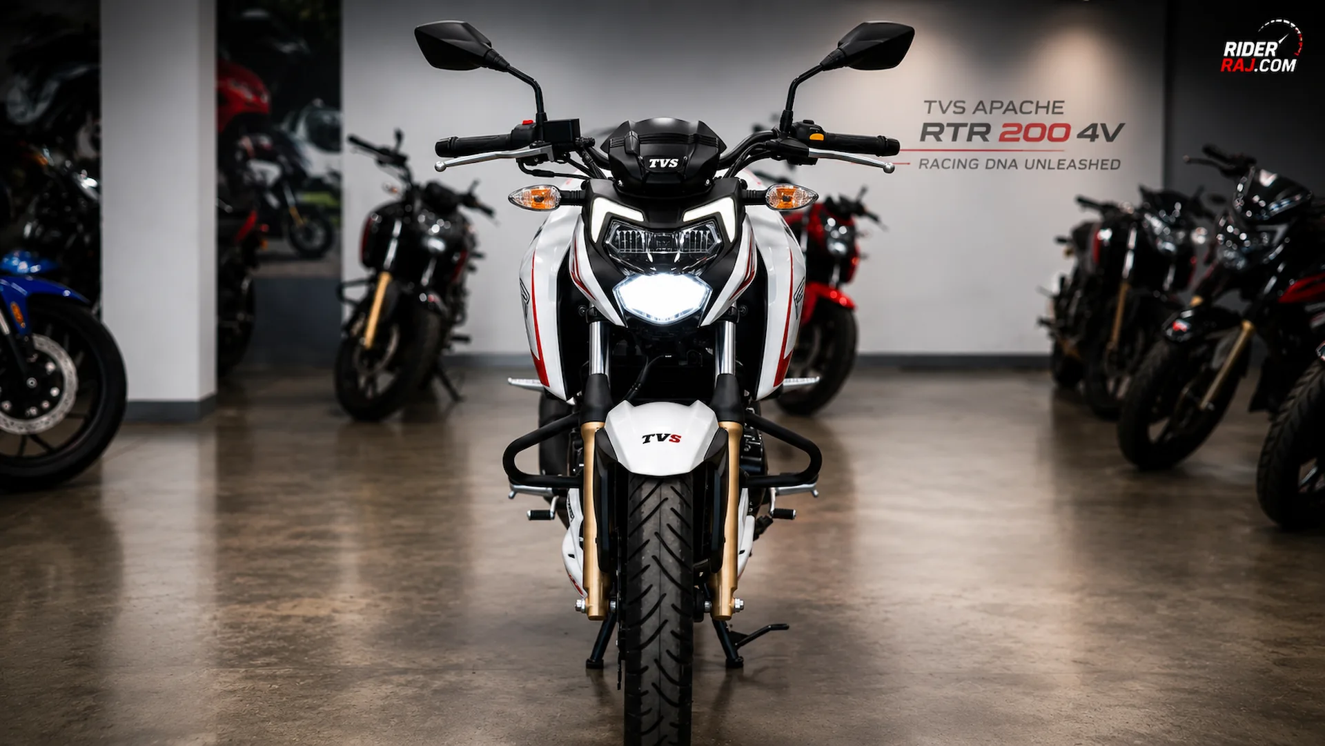 White TVS Apache RTR 200 4V front view with projector headlamp