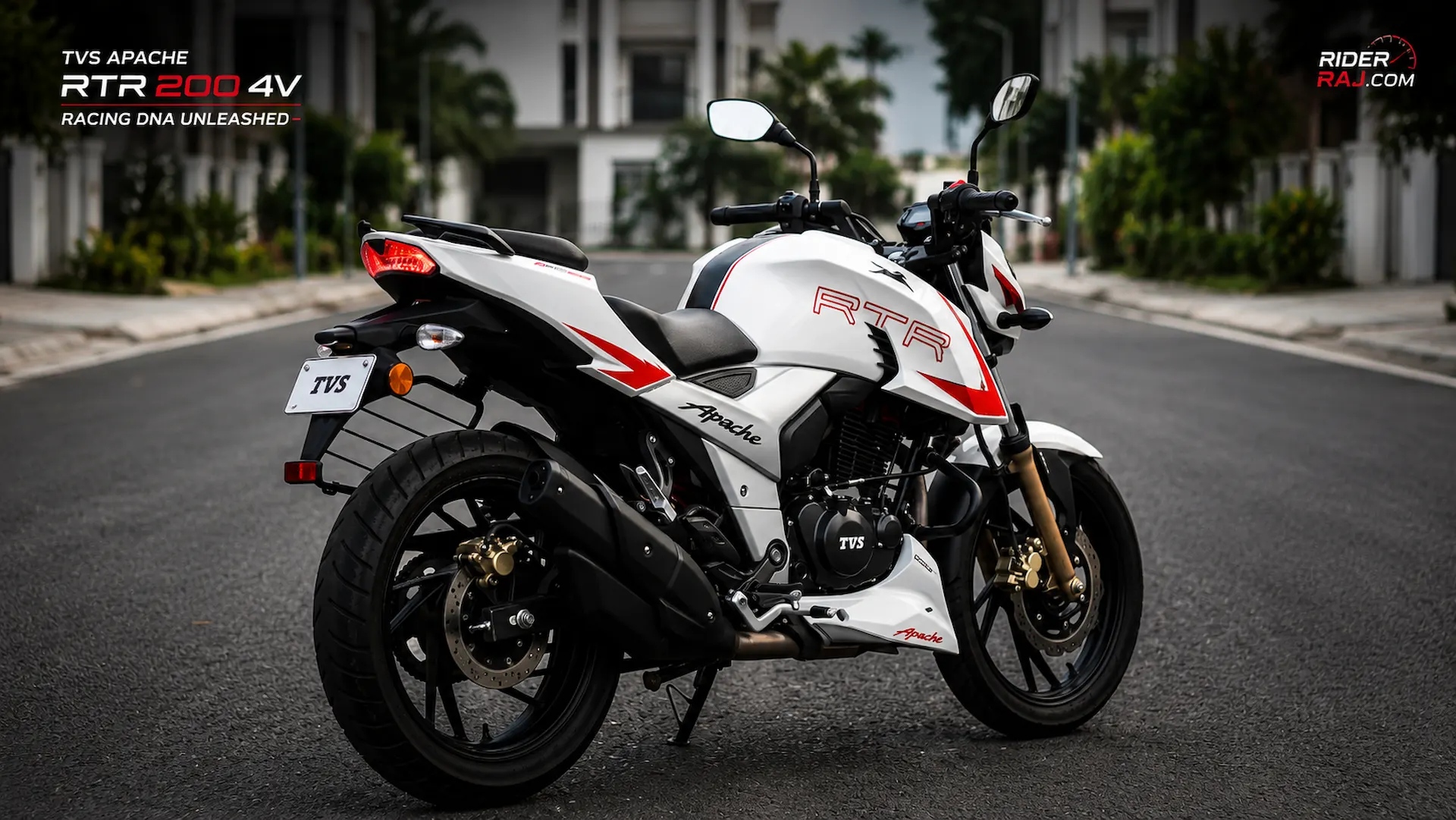 White TVS Apache RTR 200 4V rear three quarter view