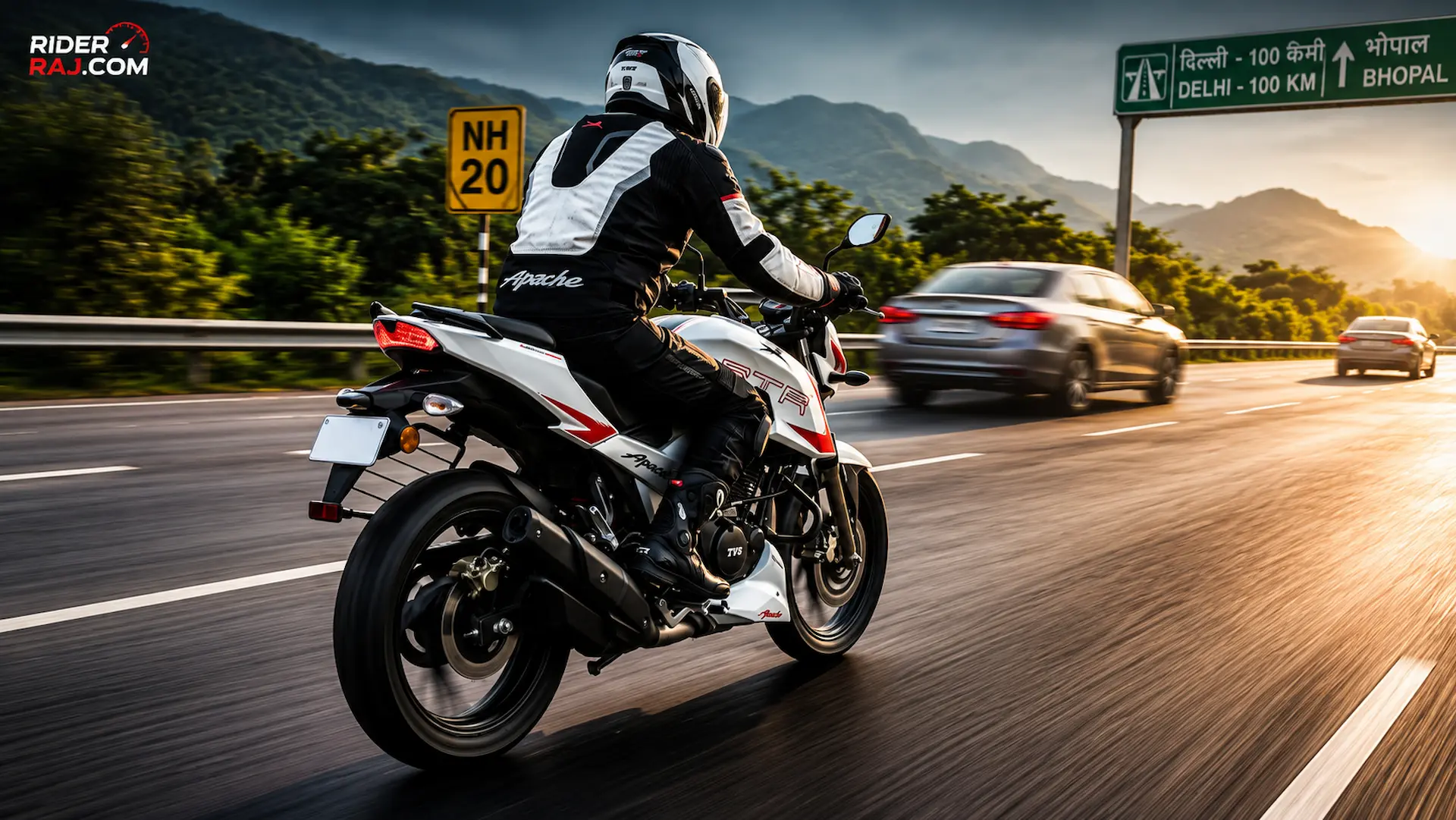 White TVS Apache RTR 200 4V highway riding shot