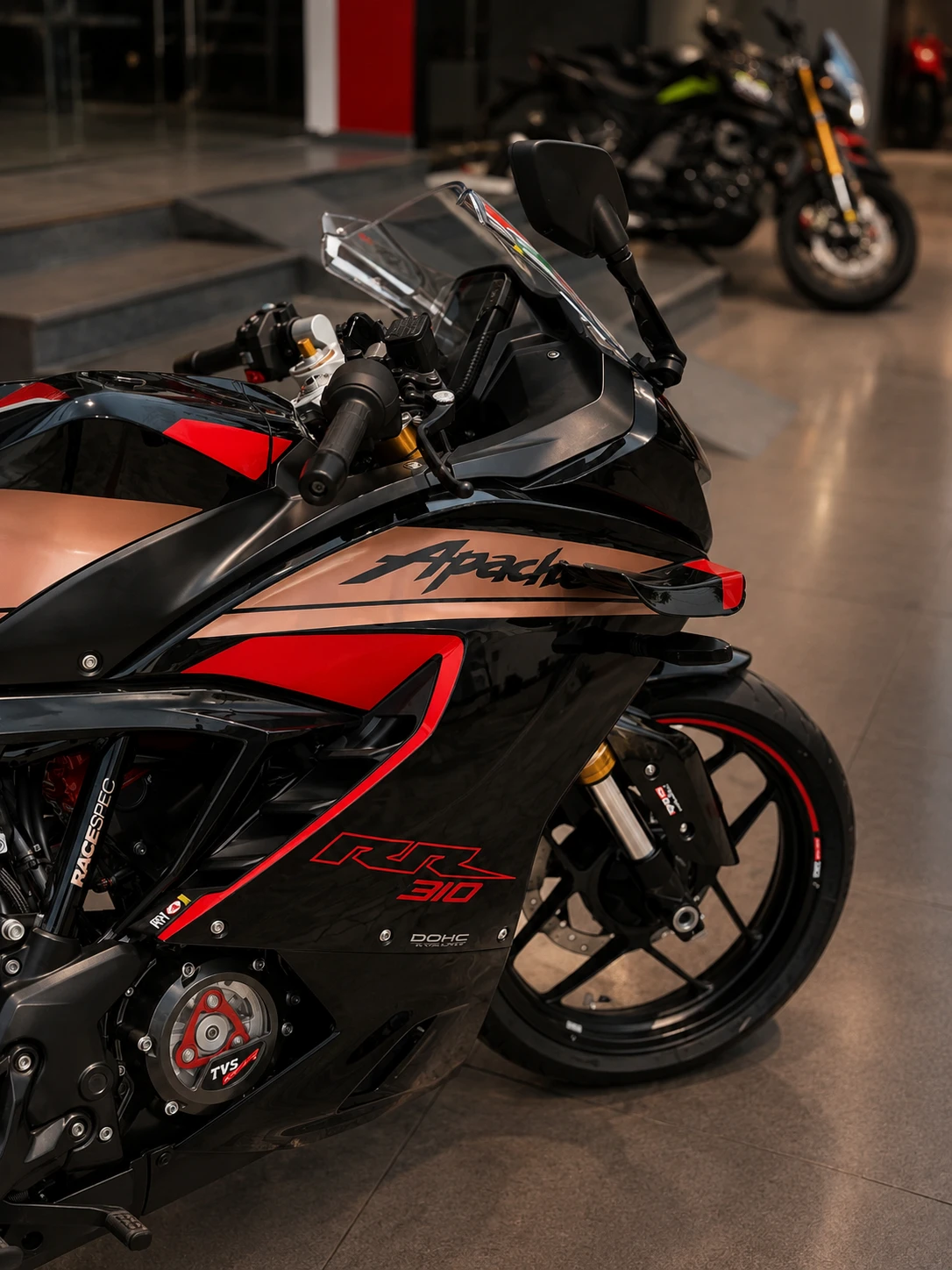 TVS Apache RR 310 reverse-inclined DOHC engine close-up