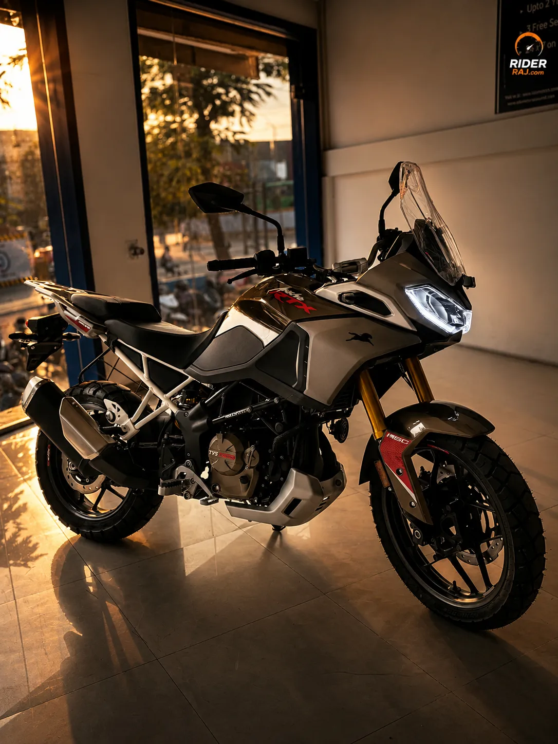 TVS Apache RTX 300 side profile with rally-style windscreen and upright ergonomics