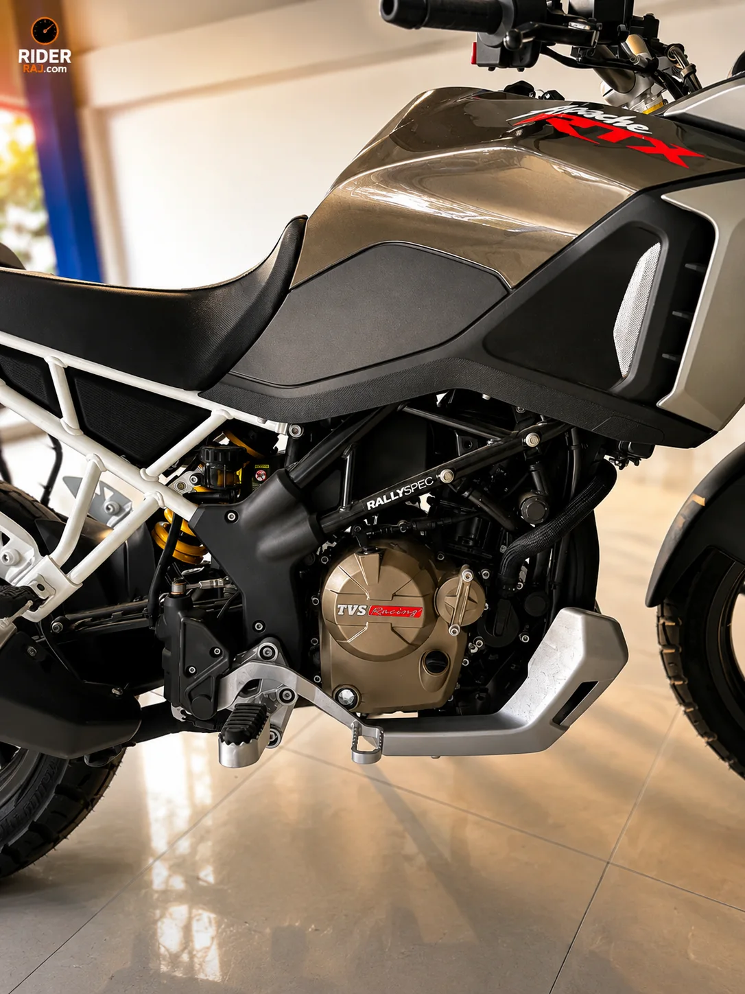 Close-up of the TVS Apache RTX 300 RT-XD4 299.1cc liquid-cooled engine
