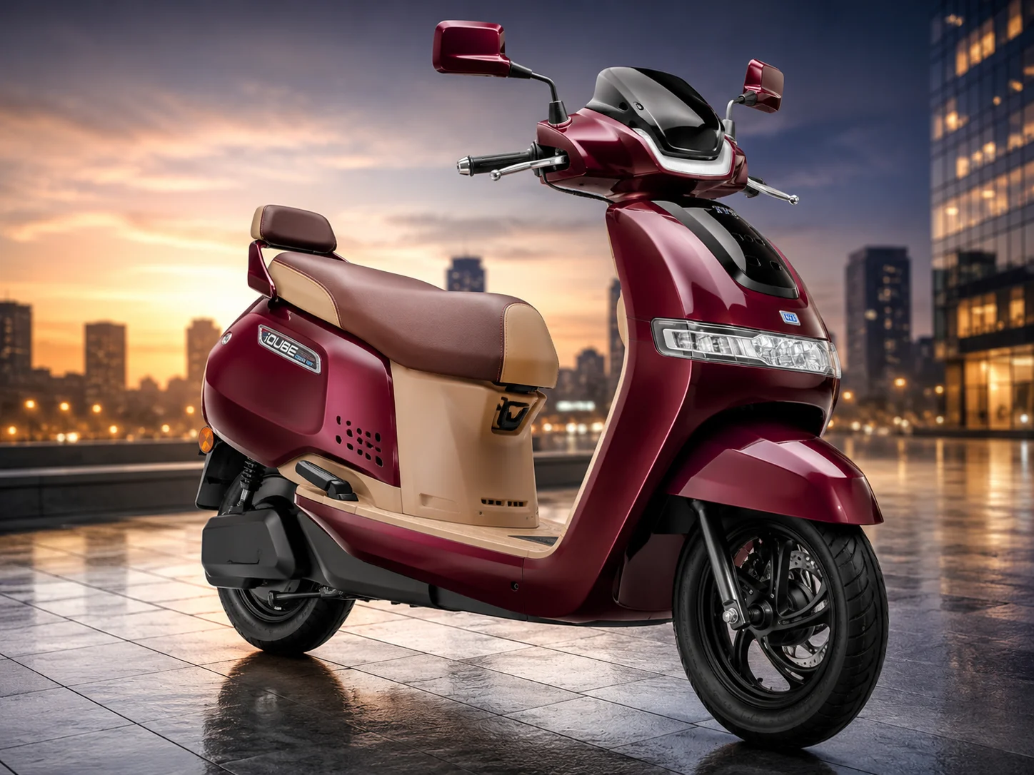 TVS iQube electric scooter front view showing on-road price and design