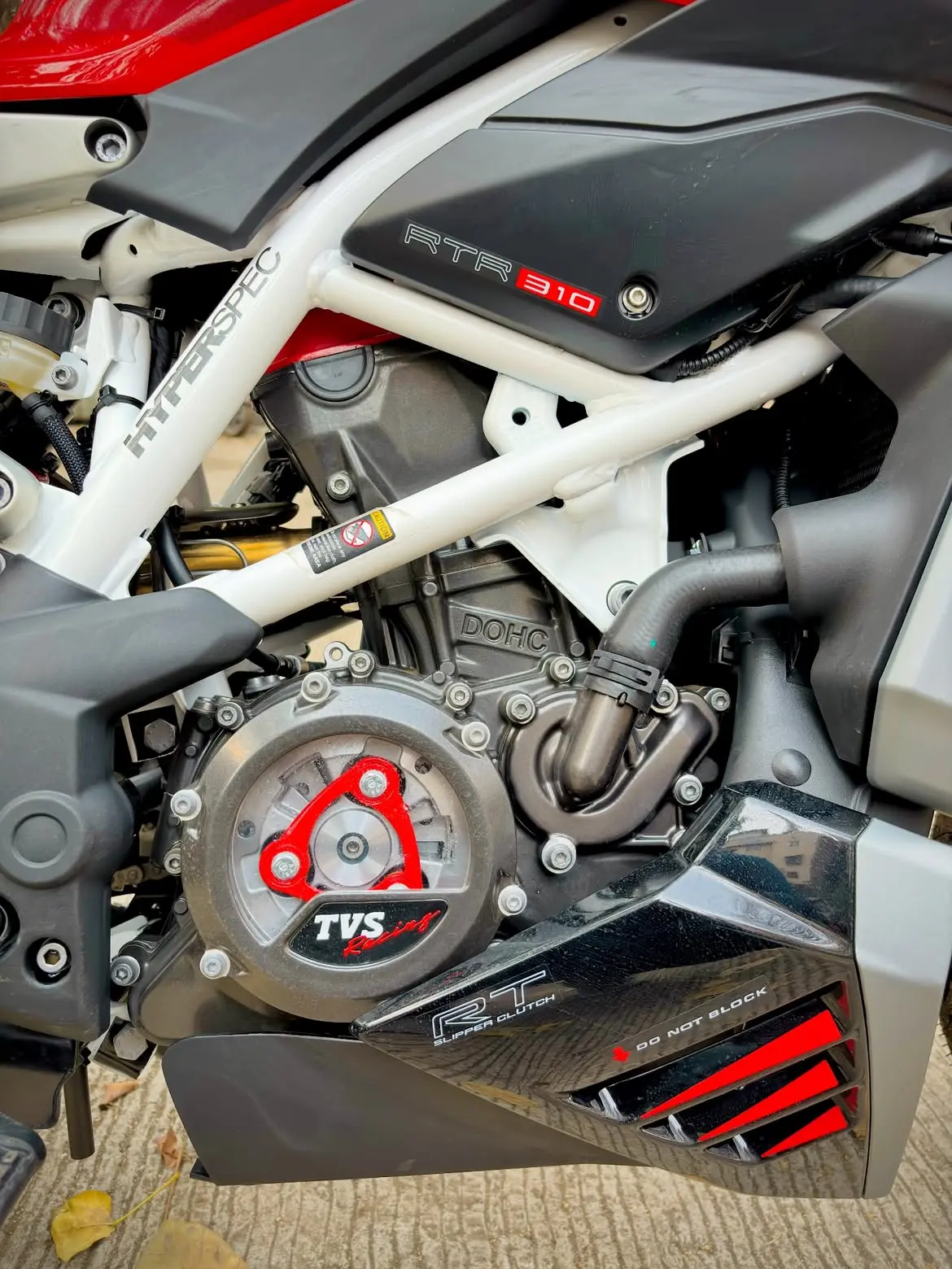 TVS Apache RTR 310 engine and exhaust close-up