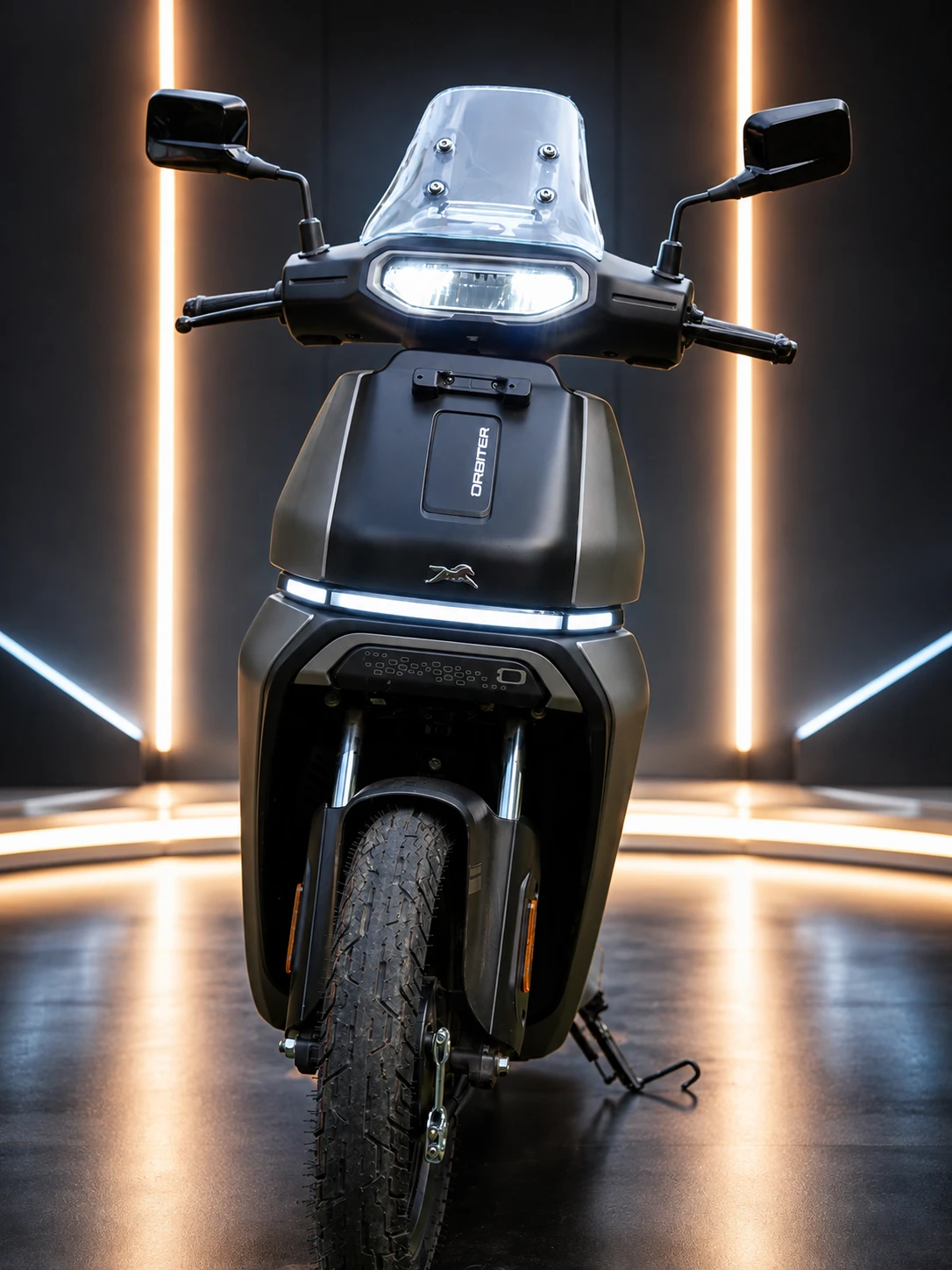 TVS Orbiter front view showing LED headlamp and body panels