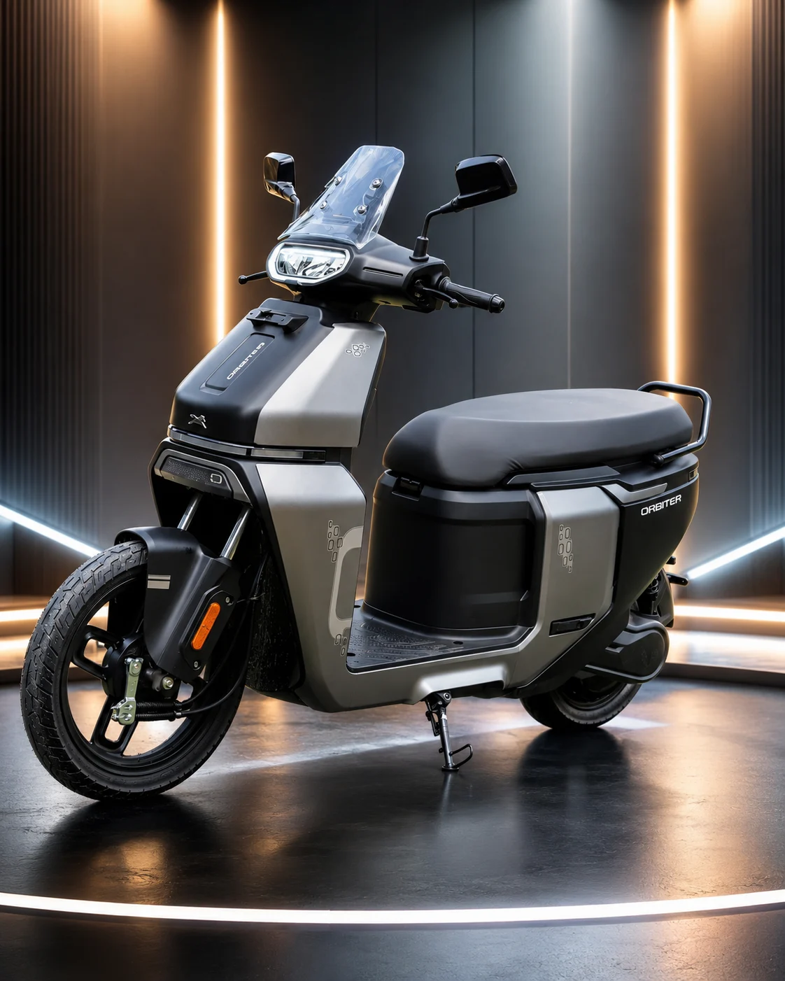 TVS Orbiter electric scooter parked outdoors, hero shot